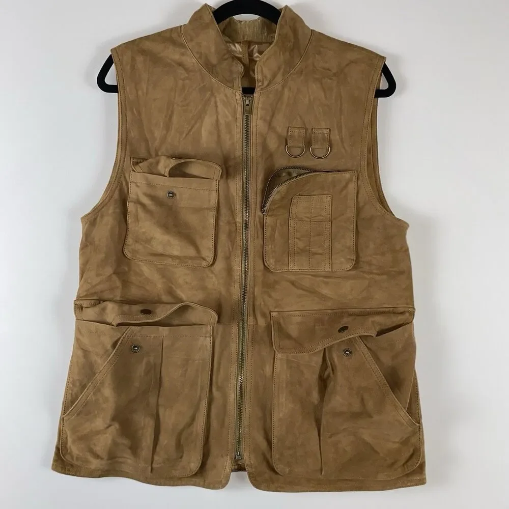 Banana Republic Men's Hunting Vest Tan Goat Suede M Full Zip Lined Multi-Pocket
